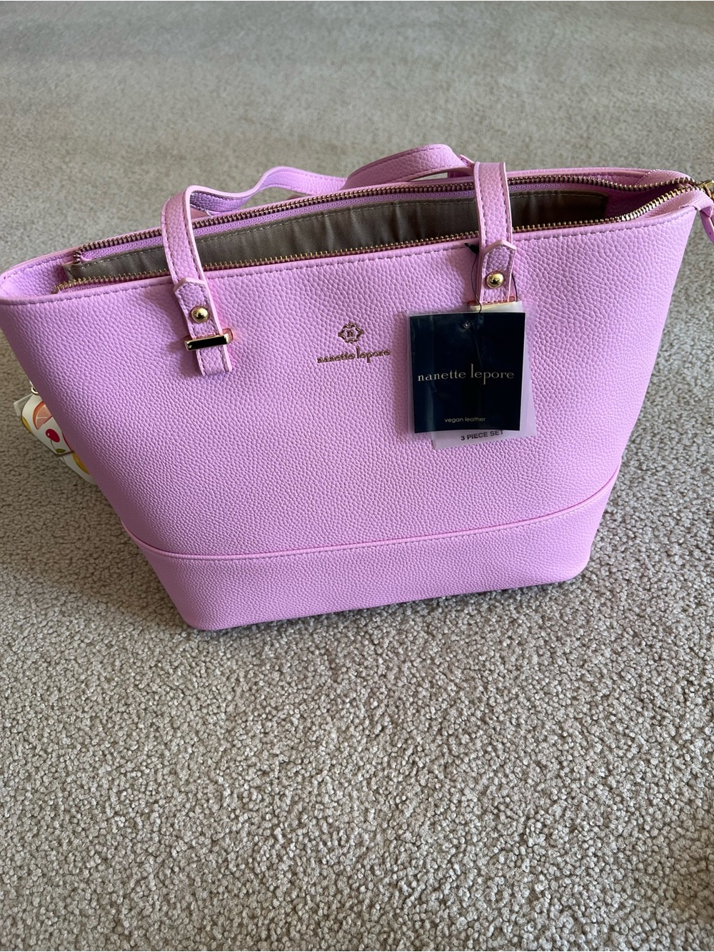 Nanette Lepore Fondant Pink Pebbled Tote-3 Piece Set NWT